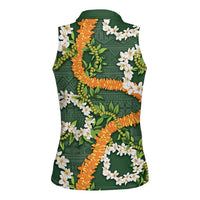 Aloha Festive Hawaii Women Sleeveless Polo Shirt Mokihana - Maile and Ilima on Forest Green LT7 - Polynesian Pride