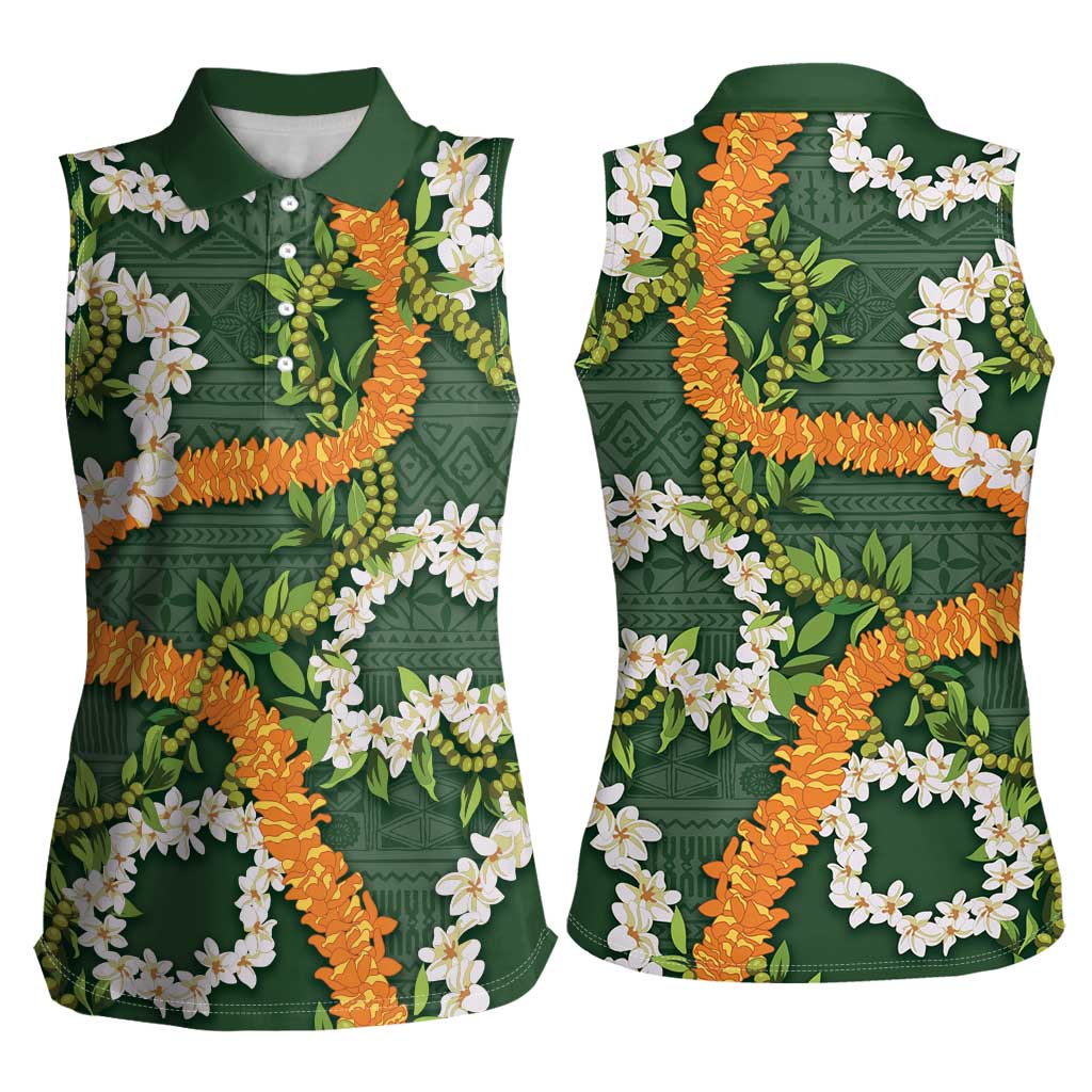 Aloha Festive Hawaii Women Sleeveless Polo Shirt Mokihana - Maile and Ilima on Forest Green LT7 - Polynesian Pride