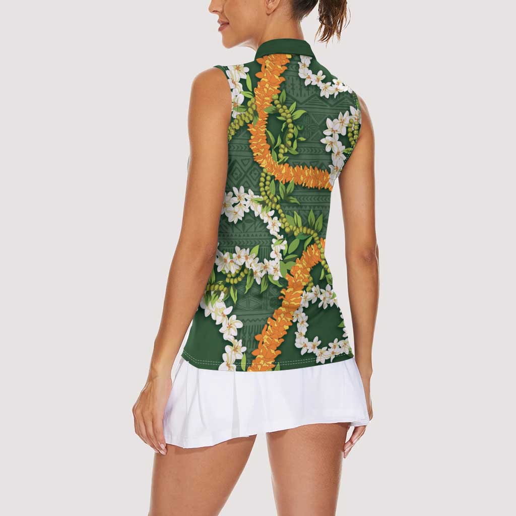 Aloha Festive Hawaii Women Sleeveless Polo Shirt Mokihana - Maile and Ilima on Forest Green LT7 - Polynesian Pride