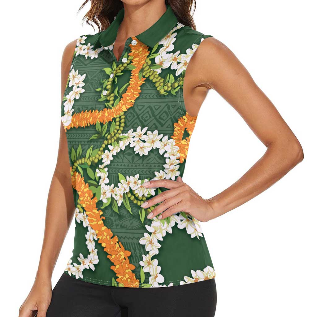 Aloha Festive Hawaii Women Sleeveless Polo Shirt Mokihana - Maile and Ilima on Forest Green LT7 - Polynesian Pride