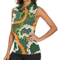 Aloha Festive Hawaii Women Sleeveless Polo Shirt Mokihana - Maile and Ilima on Forest Green LT7 - Polynesian Pride