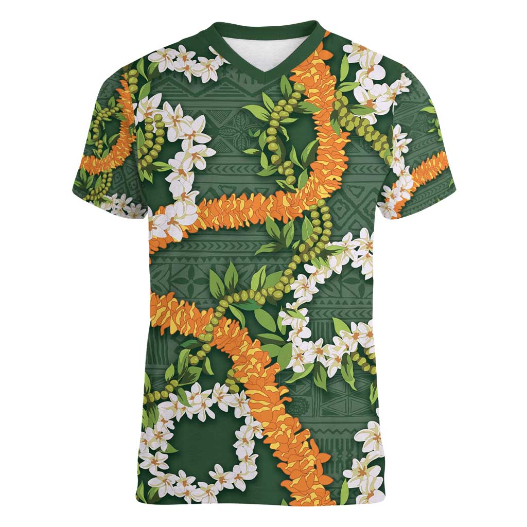 Aloha Festive Hawaii Women V-Neck T-Shirt Mokihana - Maile and Ilima on Forest Green LT7 Female Forest Green - Polynesian Pride
