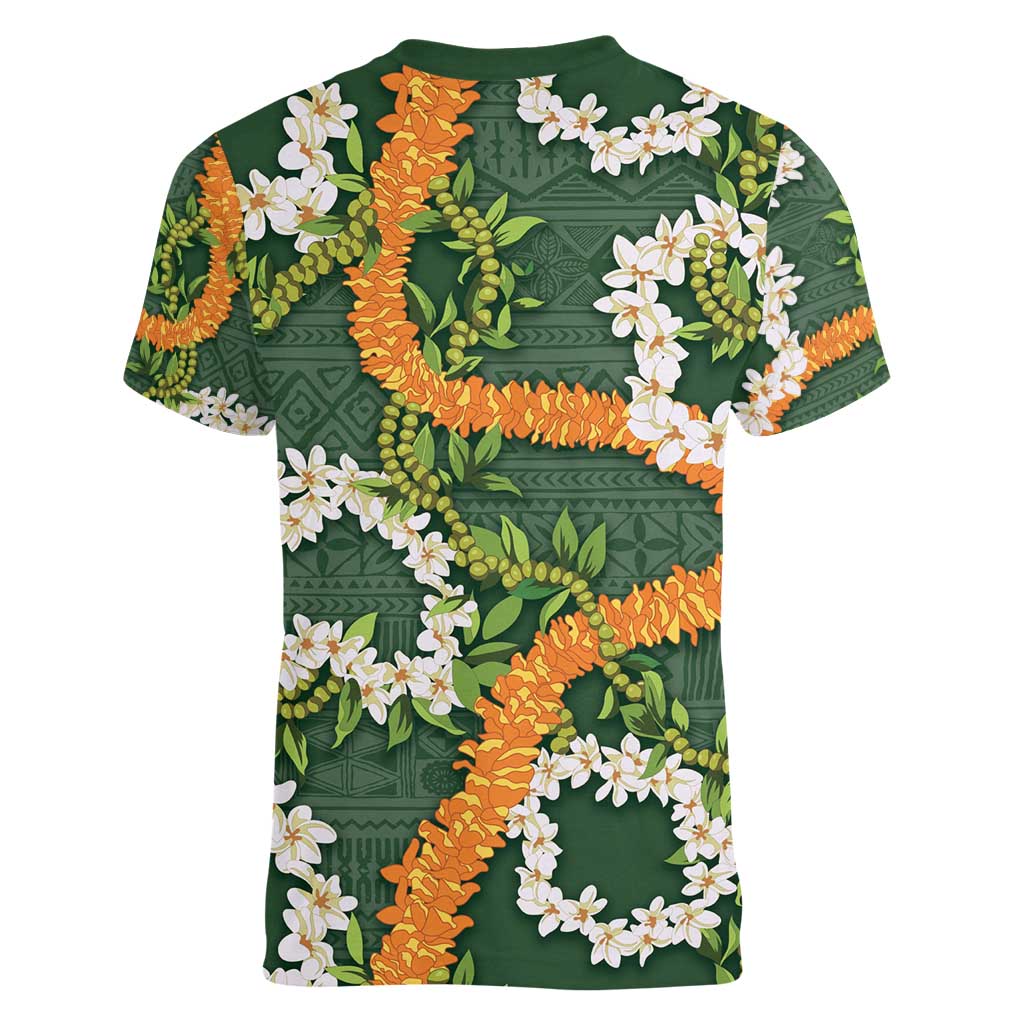 Aloha Festive Hawaii Women V-Neck T-Shirt Mokihana - Maile and Ilima on Forest Green LT7 - Polynesian Pride