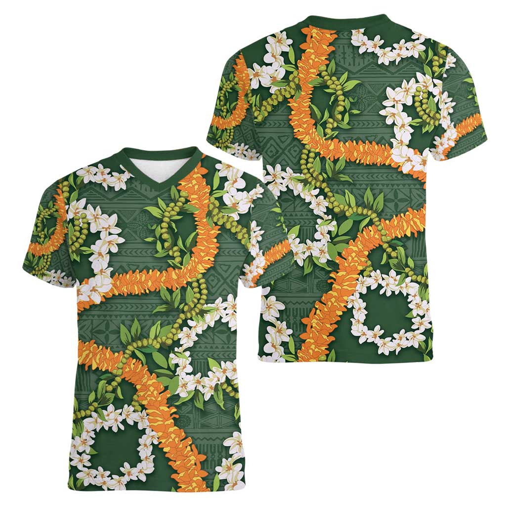 Aloha Festive Hawaii Women V-Neck T-Shirt Mokihana - Maile and Ilima on Forest Green LT7 - Polynesian Pride