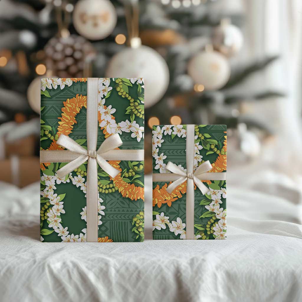 Aloha Festive Hawaii Wrapping Paper Mokihana - Maile and Ilima on Forest Green
