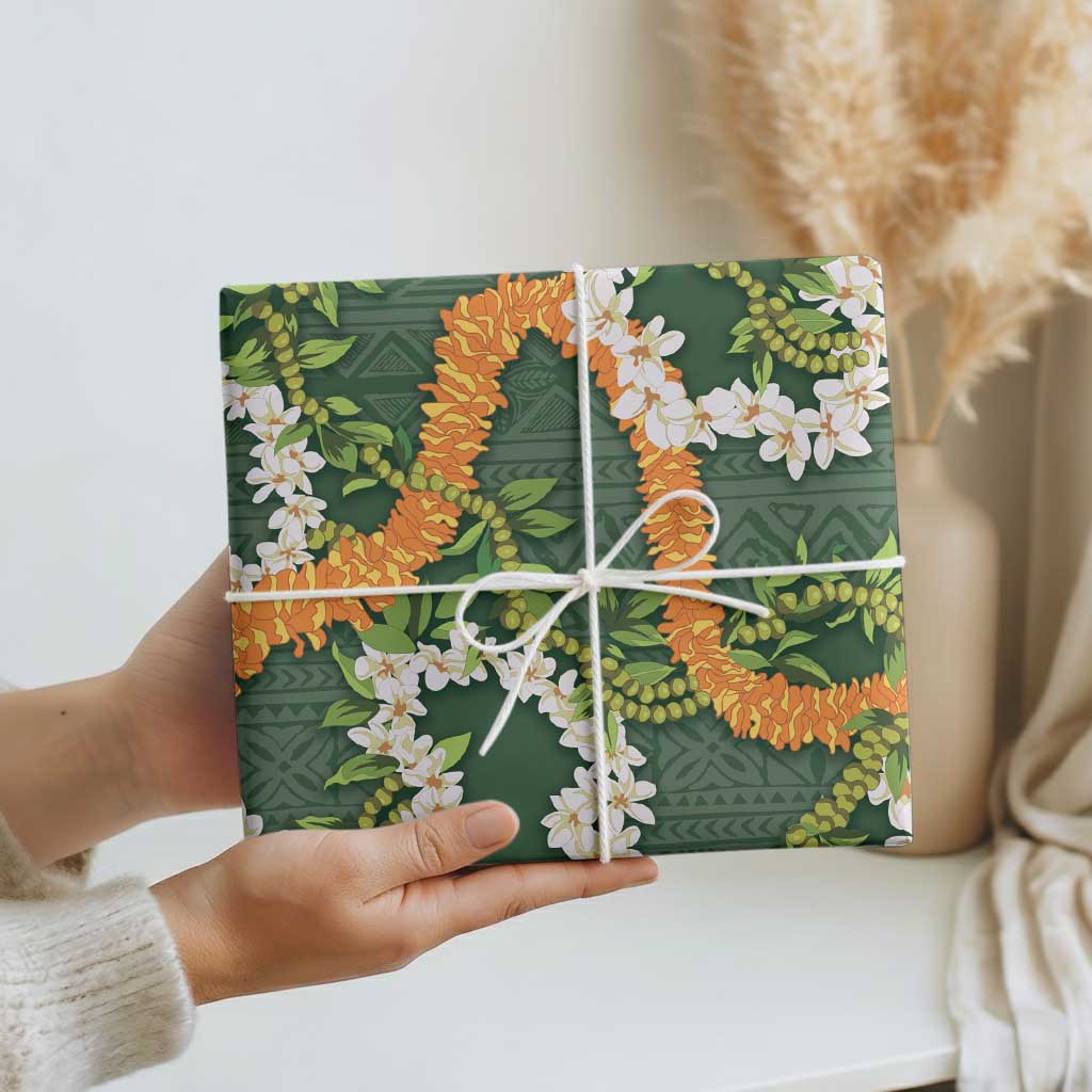Aloha Festive Hawaii Wrapping Paper Mokihana - Maile and Ilima on Forest Green