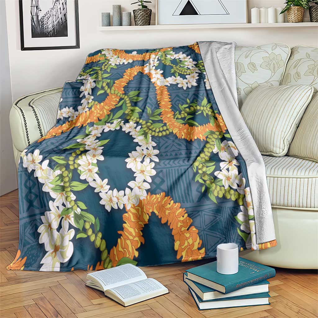 Aloha Festive Hawaii Blanket Mokihana - Maile and Ilima on Navy Blue - Polynesian Pride