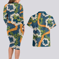 Aloha Festive Hawaii Couples Matching Long Sleeve Bodycon Dress and Hawaiian Shirt Mokihana - Maile and Ilima on Navy Blue LT7 - Polynesian Pride