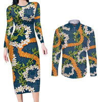 Aloha Festive Hawaii Couples Matching Long Sleeve Bodycon Dress and Long Sleeve Button Shirt Mokihana - Maile and Ilima on Navy Blue LT7 Navy Blue - Polynesian Pride