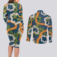 Aloha Festive Hawaii Couples Matching Long Sleeve Bodycon Dress and Long Sleeve Button Shirt Mokihana - Maile and Ilima on Navy Blue LT7 - Polynesian Pride