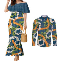 Aloha Festive Hawaii Couples Matching Mermaid Dress and Long Sleeve Button Shirt Mokihana - Maile and Ilima on Navy Blue LT7 Navy Blue - Polynesian Pride