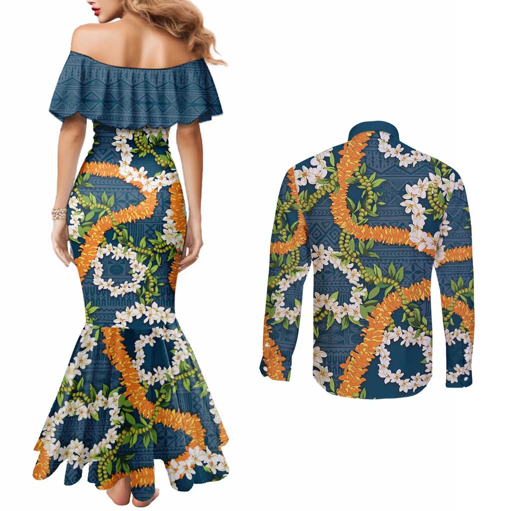 Aloha Festive Hawaii Couples Matching Mermaid Dress and Long Sleeve Button Shirt Mokihana - Maile and Ilima on Navy Blue LT7 - Polynesian Pride