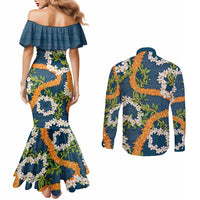 Aloha Festive Hawaii Couples Matching Mermaid Dress and Long Sleeve Button Shirt Mokihana - Maile and Ilima on Navy Blue LT7 - Polynesian Pride