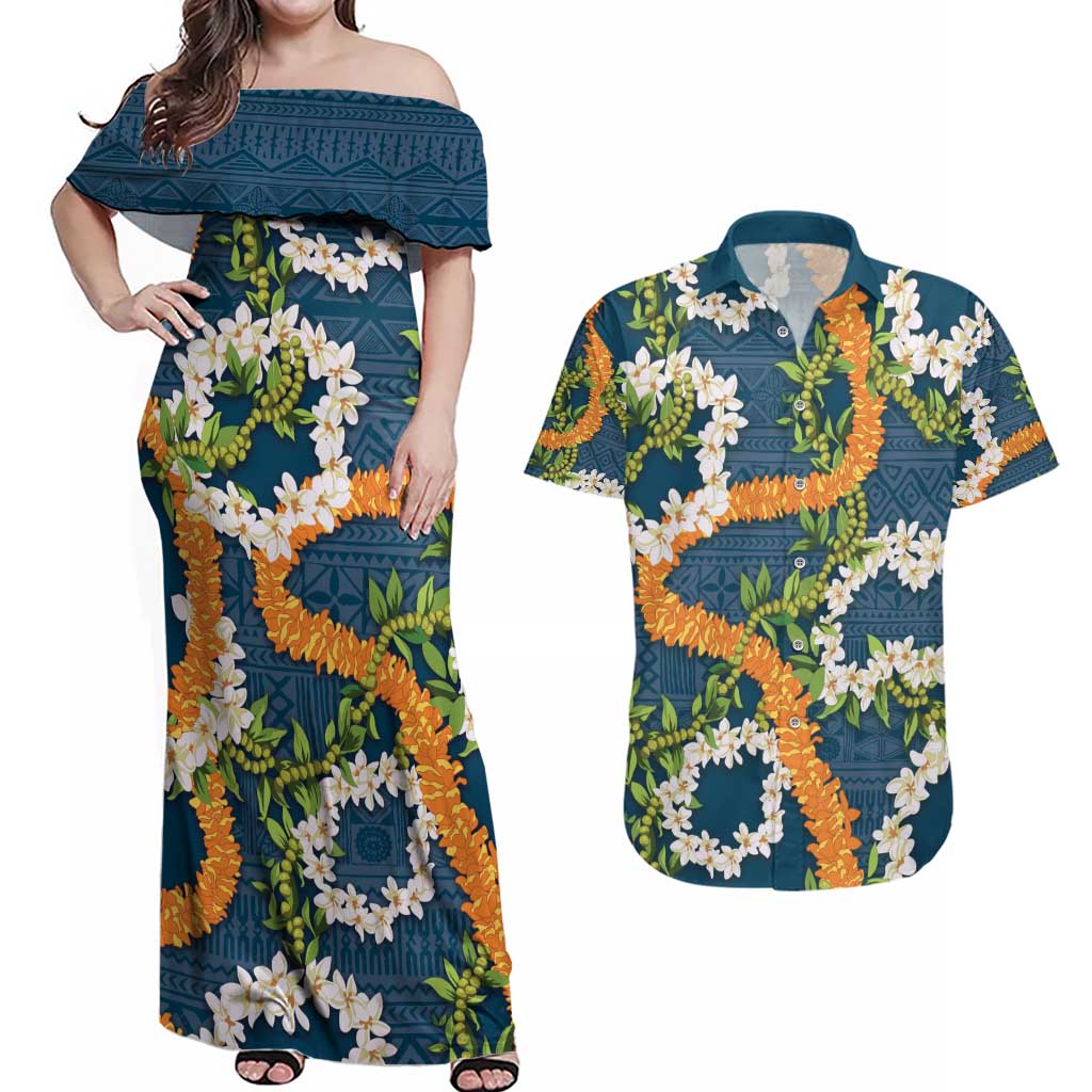 Aloha Festive Hawaii Couples Matching Off Shoulder Maxi Dress and Hawaiian Shirt Mokihana - Maile and Ilima on Navy Blue LT7 Navy Blue - Polynesian Pride