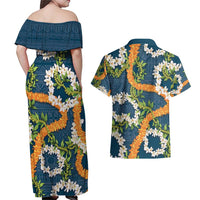 Aloha Festive Hawaii Couples Matching Off Shoulder Maxi Dress and Hawaiian Shirt Mokihana - Maile and Ilima on Navy Blue LT7 - Polynesian Pride