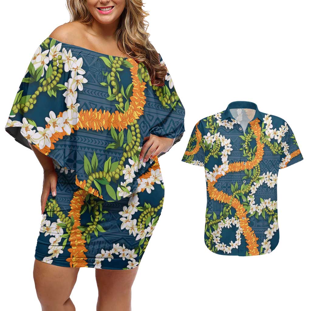 Aloha Festive Hawaii Couples Matching Off Shoulder Short Dress and Hawaiian Shirt Mokihana - Maile and Ilima on Navy Blue LT7 Navy Blue - Polynesian Pride