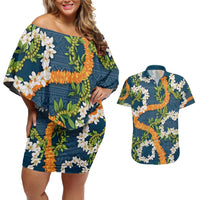 Aloha Festive Hawaii Couples Matching Off Shoulder Short Dress and Hawaiian Shirt Mokihana - Maile and Ilima on Navy Blue LT7 Navy Blue - Polynesian Pride