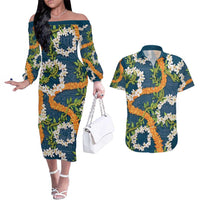 Aloha Festive Hawaii Couples Matching Off The Shoulder Long Sleeve Dress and Hawaiian Shirt Mokihana - Maile and Ilima on Navy Blue LT7 Navy Blue - Polynesian Pride