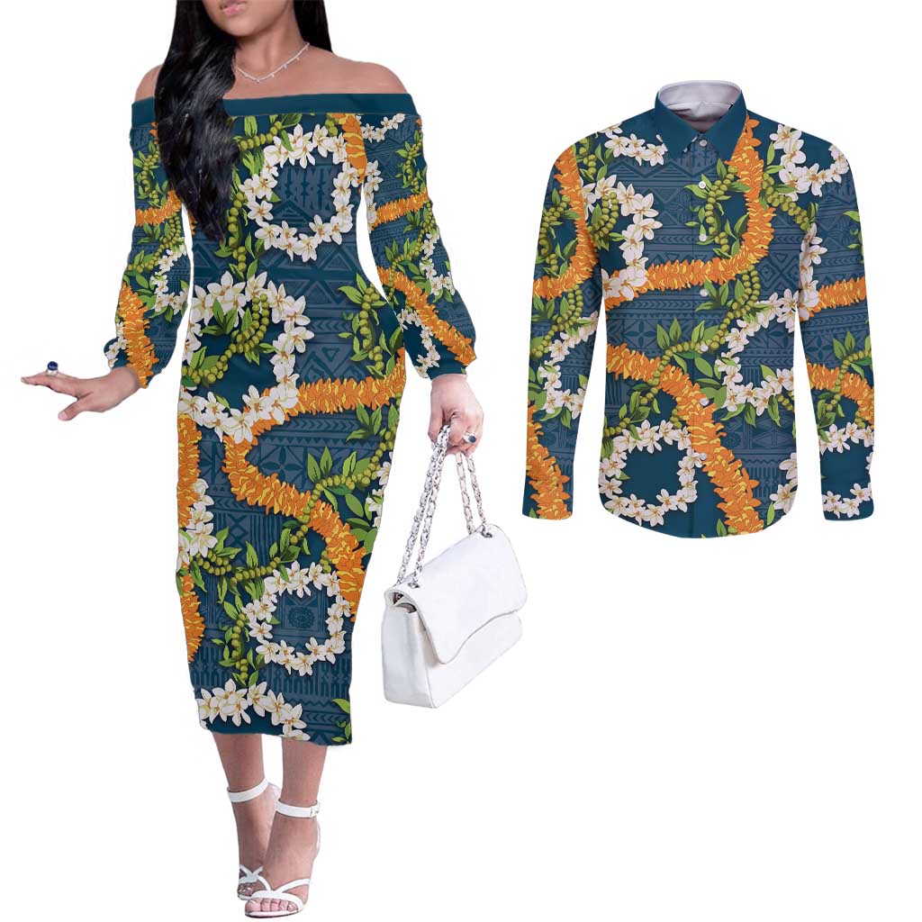 Aloha Festive Hawaii Couples Matching Off The Shoulder Long Sleeve Dress and Long Sleeve Button Shirt Mokihana - Maile and Ilima on Navy Blue LT7 Navy Blue - Polynesian Pride