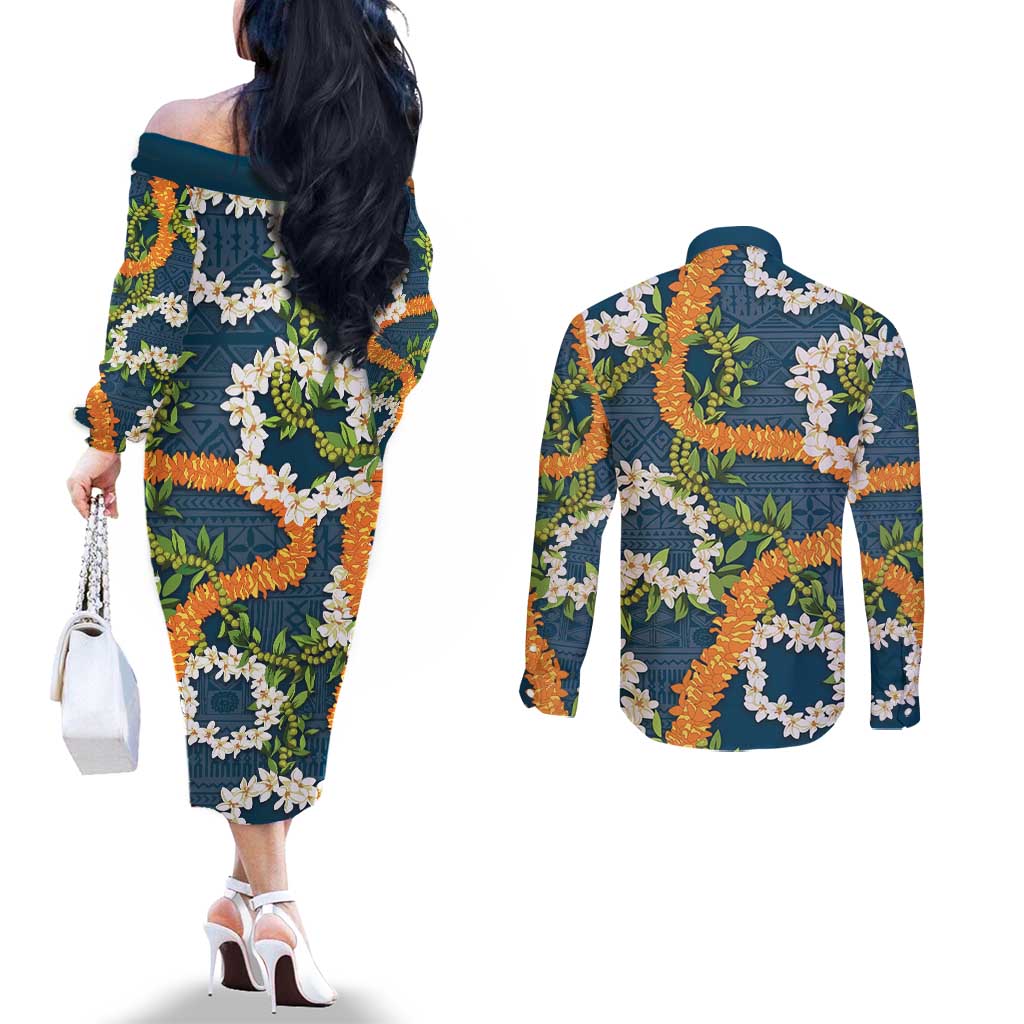Aloha Festive Hawaii Couples Matching Off The Shoulder Long Sleeve Dress and Long Sleeve Button Shirt Mokihana - Maile and Ilima on Navy Blue LT7 - Polynesian Pride