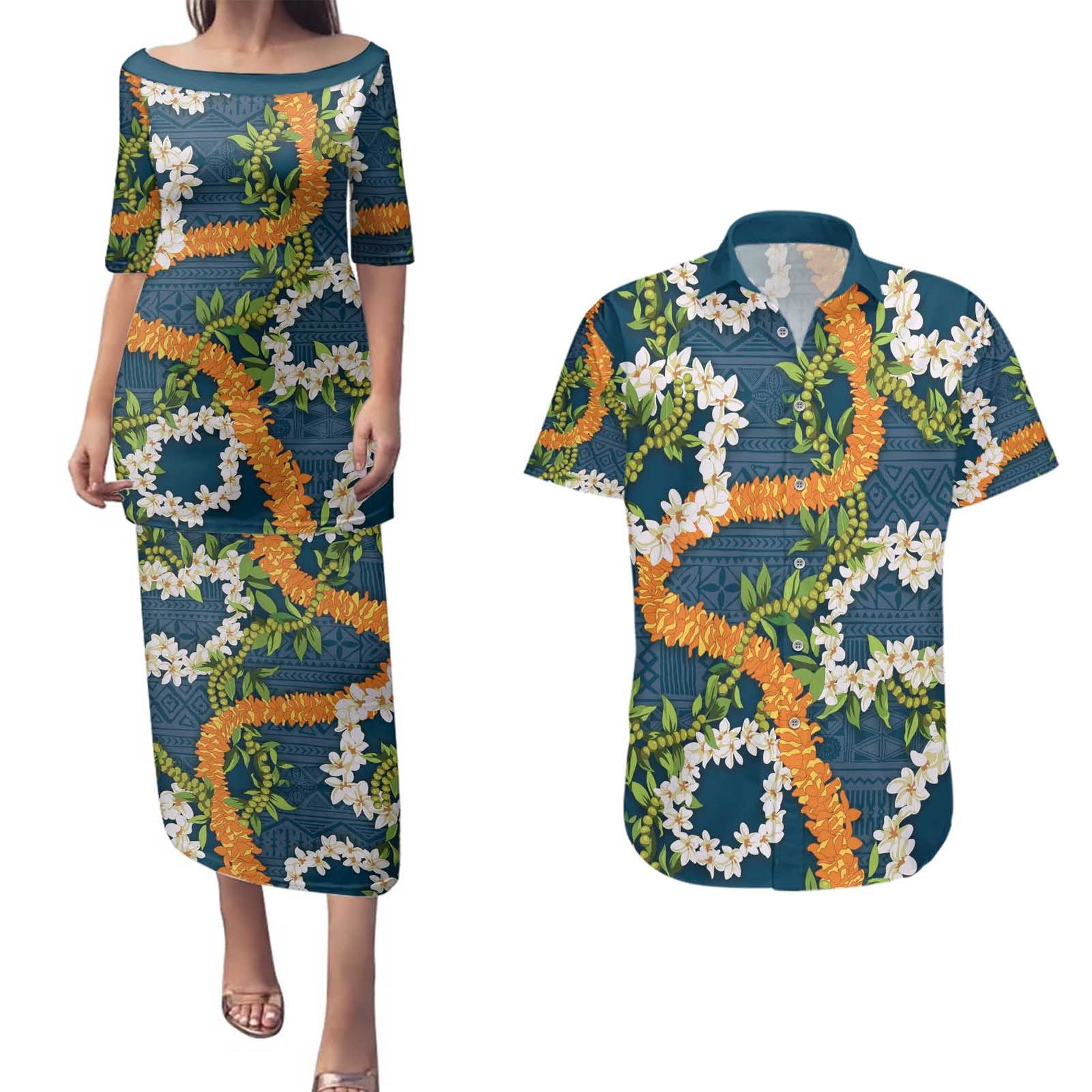 Aloha Festive Hawaii Couples Matching Puletasi and Hawaiian Shirt Mokihana - Maile and Ilima on Navy Blue - Polynesian Pride