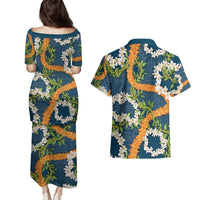 Aloha Festive Hawaii Couples Matching Puletasi and Hawaiian Shirt Mokihana - Maile and Ilima on Navy Blue LT7 - Polynesian Pride