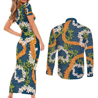 Aloha Festive Hawaii Couples Matching Short Sleeve Bodycon Dress and Long Sleeve Button Shirt Mokihana - Maile and Ilima on Navy Blue LT7 - Polynesian Pride