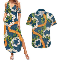 Aloha Festive Hawaii Couples Matching Summer Maxi Dress and Hawaiian Shirt Mokihana - Maile and Ilima on Navy Blue LT7 Navy Blue - Polynesian Pride