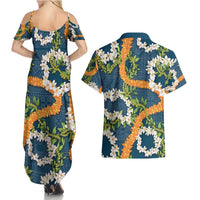 Aloha Festive Hawaii Couples Matching Summer Maxi Dress and Hawaiian Shirt Mokihana - Maile and Ilima on Navy Blue LT7 - Polynesian Pride