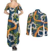 Aloha Festive Hawaii Couples Matching Summer Maxi Dress and Long Sleeve Button Shirt Mokihana - Maile and Ilima on Navy Blue LT7 - Polynesian Pride