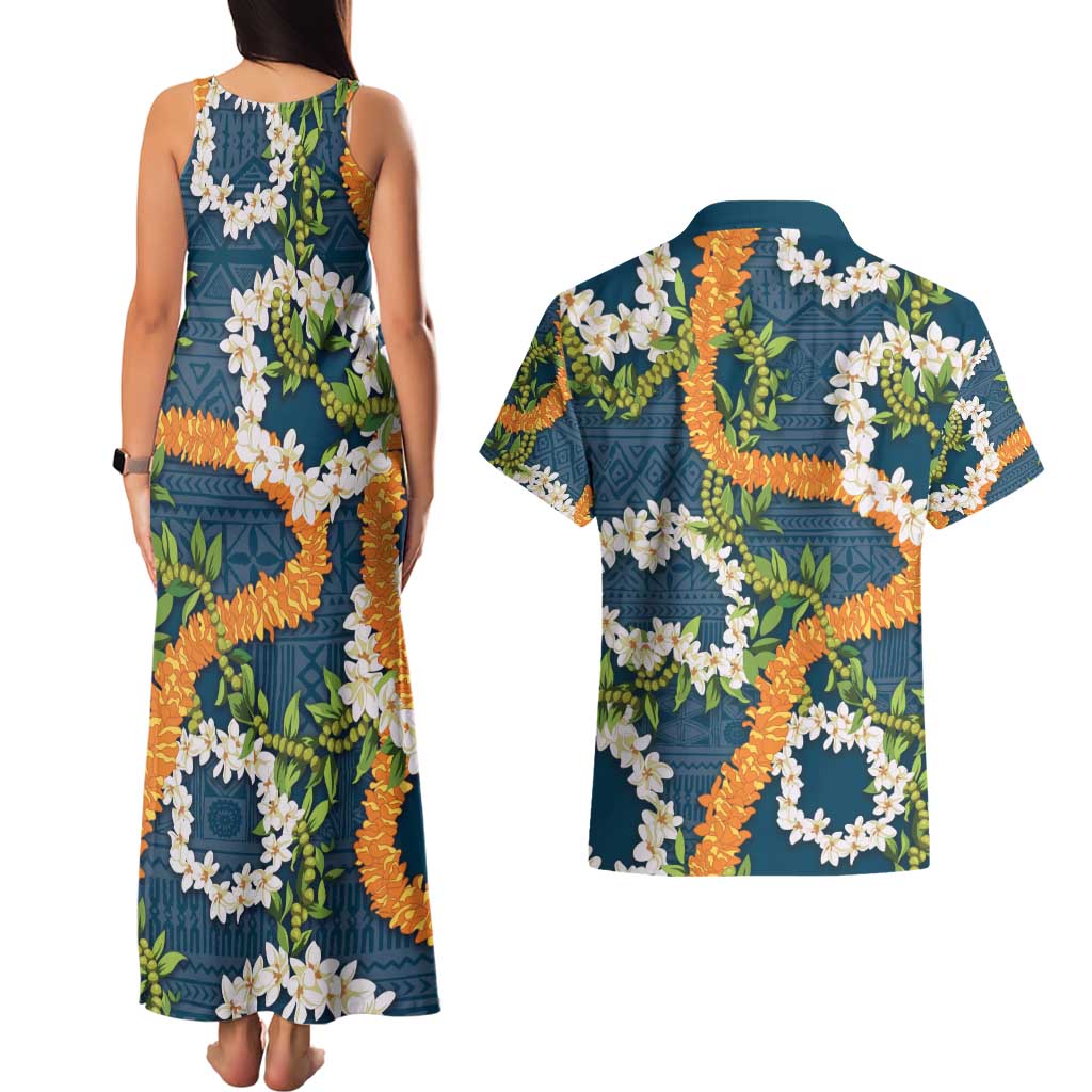 Aloha Festive Hawaii Couples Matching Tank Maxi Dress and Hawaiian Shirt Mokihana - Maile and Ilima on Navy Blue LT7 - Polynesian Pride