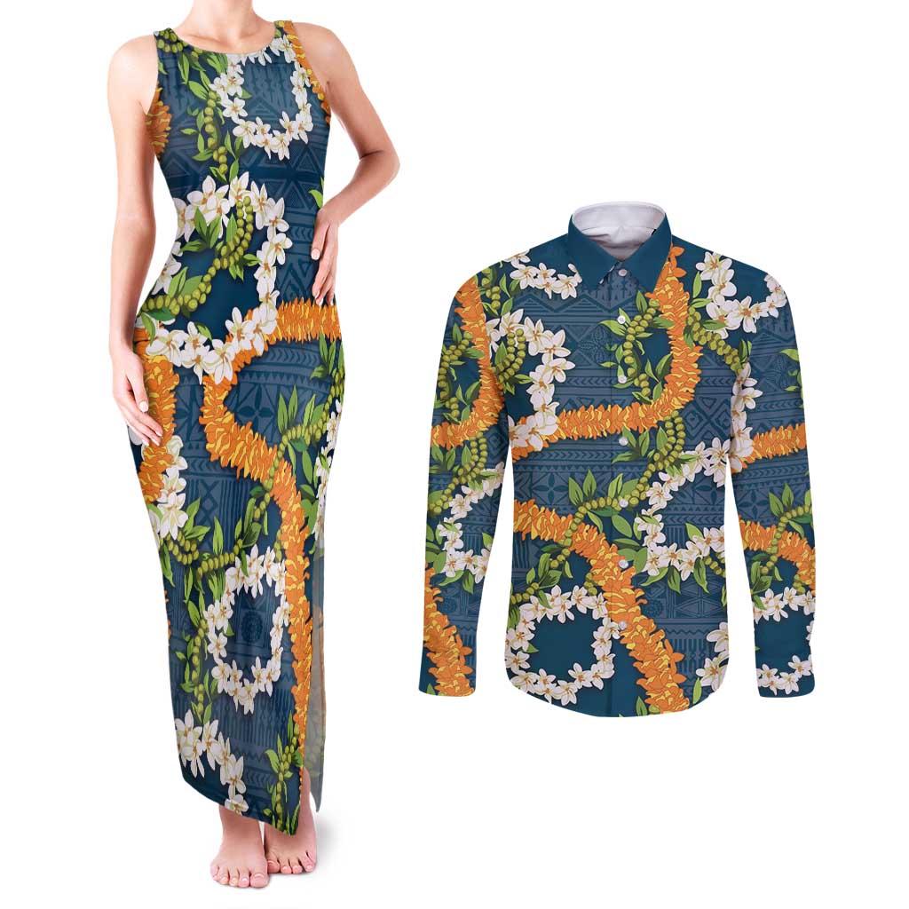 Aloha Festive Hawaii Couples Matching Tank Maxi Dress and Long Sleeve Button Shirt Mokihana - Maile and Ilima on Navy Blue LT7 Navy Blue - Polynesian Pride