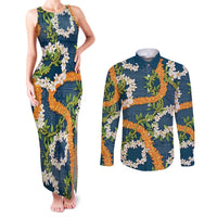 Aloha Festive Hawaii Couples Matching Tank Maxi Dress and Long Sleeve Button Shirt Mokihana - Maile and Ilima on Navy Blue LT7 Navy Blue - Polynesian Pride