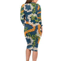 Aloha Festive Hawaii Family Matching Long Sleeve Bodycon Dress and Hawaiian Shirt Mokihana - Maile and Ilima on Navy Blue LT7 - Polynesian Pride