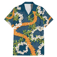 Aloha Festive Hawaii Family Matching Mermaid Dress and Hawaiian Shirt Mokihana - Maile and Ilima on Navy Blue LT7 Dad's Shirt - Short Sleeve Navy Blue - Polynesian Pride