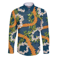 Aloha Festive Hawaii Family Matching Mermaid Dress and Hawaiian Shirt Mokihana - Maile and Ilima on Navy Blue LT7 Dad's Shirt - Long Sleeve Navy Blue - Polynesian Pride