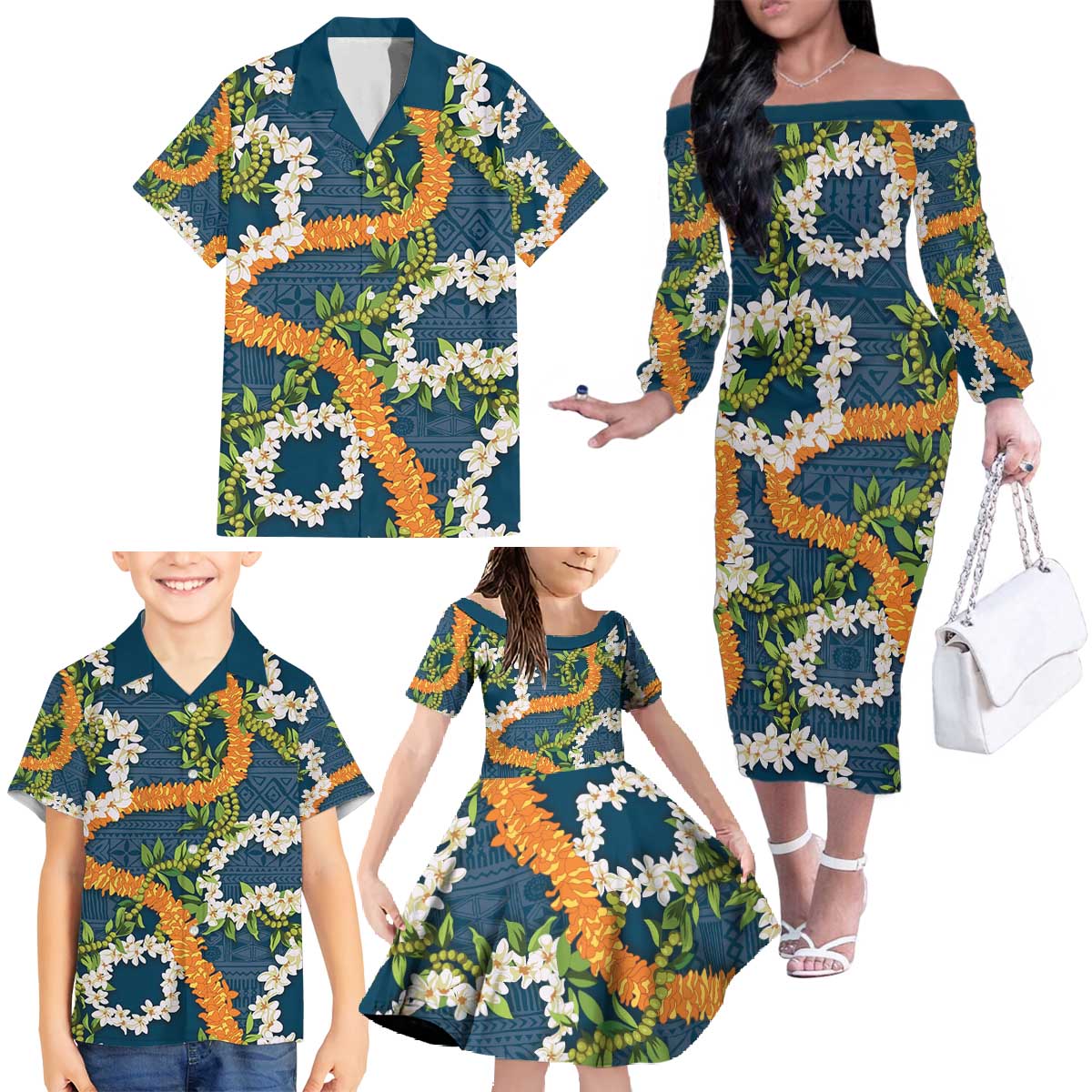 Aloha Festive Hawaii Family Matching Off The Shoulder Long Sleeve Dress and Hawaiian Shirt Mokihana - Maile and Ilima on Navy Blue LT7 - Polynesian Pride
