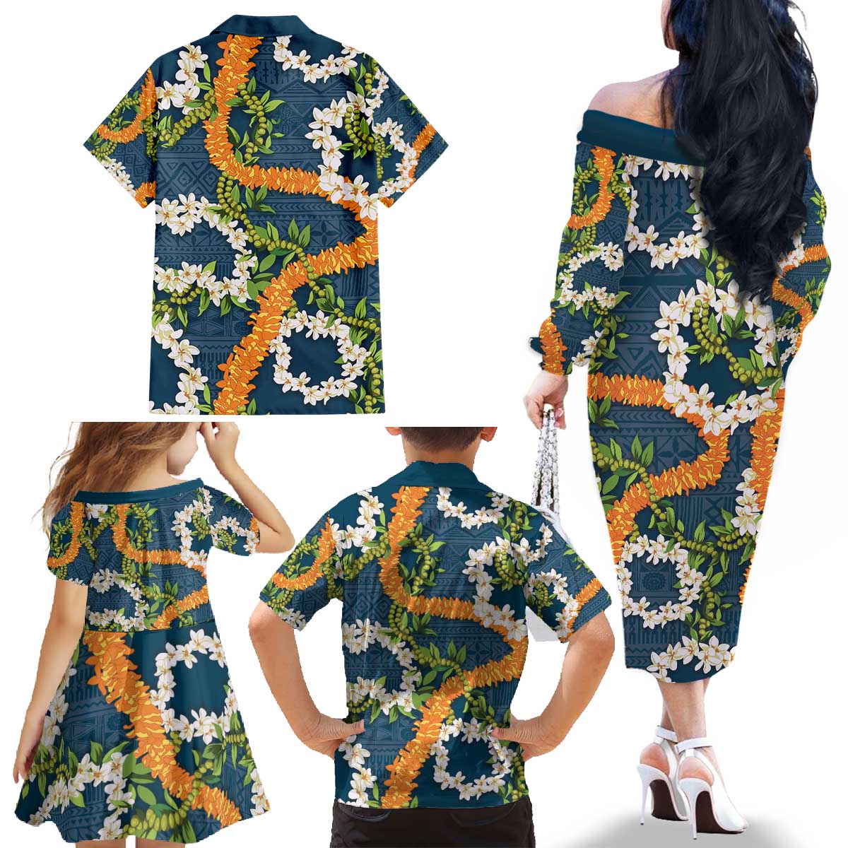 Aloha Festive Hawaii Family Matching Off The Shoulder Long Sleeve Dress and Hawaiian Shirt Mokihana - Maile and Ilima on Navy Blue LT7 - Polynesian Pride