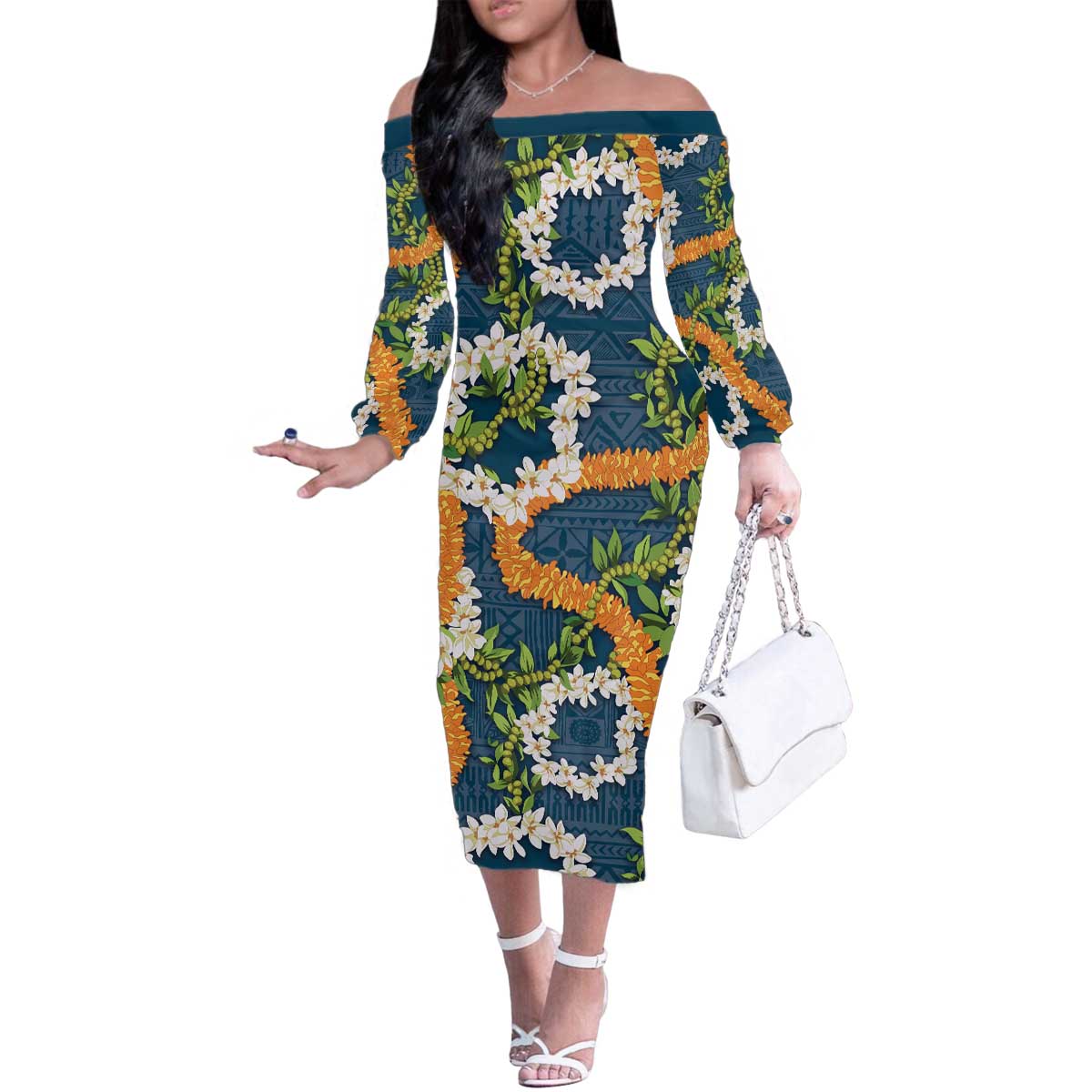 Aloha Festive Hawaii Family Matching Off The Shoulder Long Sleeve Dress and Hawaiian Shirt Mokihana - Maile and Ilima on Navy Blue LT7 Mom's Dress Navy Blue - Polynesian Pride