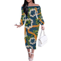 Aloha Festive Hawaii Family Matching Off The Shoulder Long Sleeve Dress and Hawaiian Shirt Mokihana - Maile and Ilima on Navy Blue LT7 Mom's Dress Navy Blue - Polynesian Pride