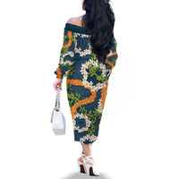 Aloha Festive Hawaii Family Matching Off The Shoulder Long Sleeve Dress and Hawaiian Shirt Mokihana - Maile and Ilima on Navy Blue LT7 - Polynesian Pride