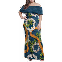 Aloha Festive Hawaii Family Matching Off Shoulder Maxi Dress and Hawaiian Shirt Mokihana - Maile and Ilima on Navy Blue LT7 Mom's Dress Navy Blue - Polynesian Pride