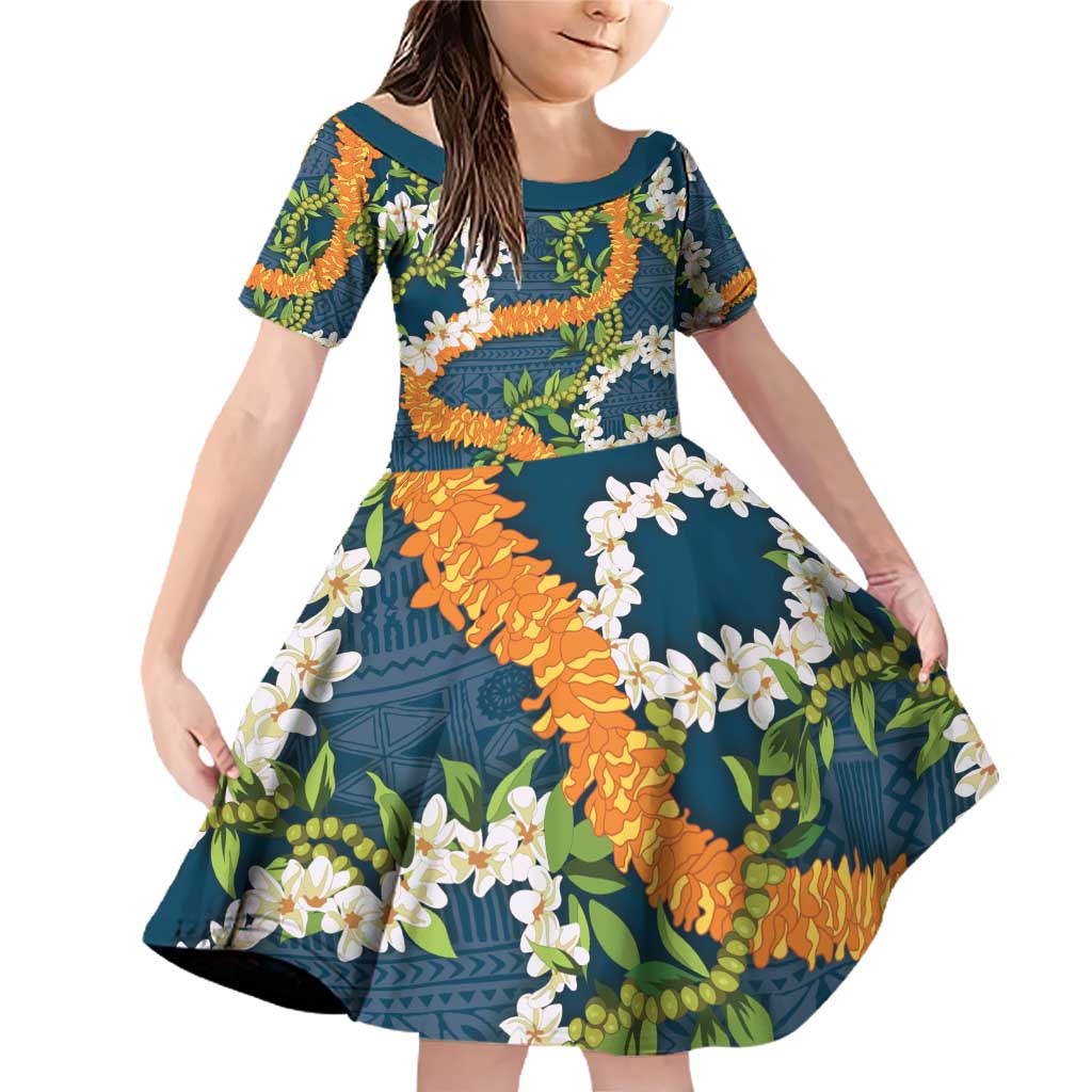 Aloha Festive Hawaii Family Matching Off Shoulder Short Dress and Hawaiian Shirt Mokihana - Maile and Ilima on Navy Blue LT7 Daughter's Dress Navy Blue - Polynesian Pride