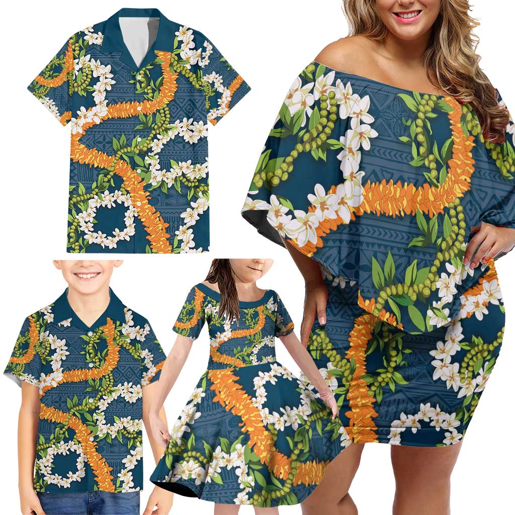 Aloha Festive Hawaii Family Matching Off Shoulder Short Dress and Hawaiian Shirt Mokihana - Maile and Ilima on Navy Blue LT7 - Polynesian Pride