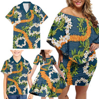 Aloha Festive Hawaii Family Matching Off Shoulder Short Dress and Hawaiian Shirt Mokihana - Maile and Ilima on Navy Blue LT7 - Polynesian Pride