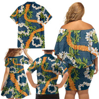 Aloha Festive Hawaii Family Matching Off Shoulder Short Dress and Hawaiian Shirt Mokihana - Maile and Ilima on Navy Blue LT7 - Polynesian Pride