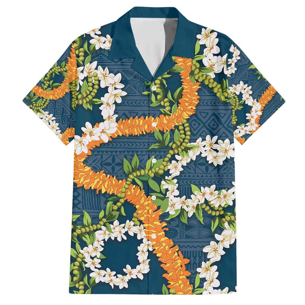 Aloha Festive Hawaii Family Matching Off Shoulder Short Dress and Hawaiian Shirt Mokihana - Maile and Ilima on Navy Blue LT7 Dad's Shirt - Short Sleeve Navy Blue - Polynesian Pride