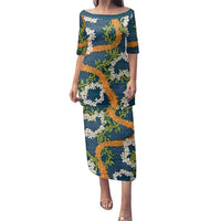 Aloha Festive Hawaii Family Matching Puletasi and Hawaiian Shirt Mokihana - Maile and Ilima on Navy Blue LT7 Mom's Dress Navy Blue - Polynesian Pride