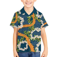 Aloha Festive Hawaii Family Matching Puletasi and Hawaiian Shirt Mokihana - Maile and Ilima on Navy Blue LT7 Son's Shirt Navy Blue - Polynesian Pride