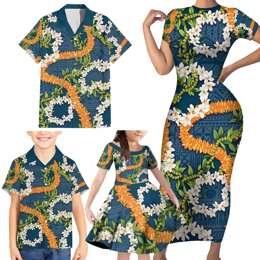 Aloha Festive Hawaii Family Matching Short Sleeve Bodycon Dress and Hawaiian Shirt Mokihana - Maile and Ilima on Navy Blue LT7 - Polynesian Pride